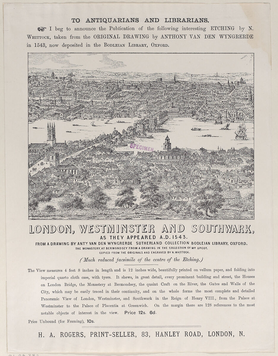 Announcement by H. A. Rogers of the publication of an etching showing London, Westminster and Southwark as they appeared A.D. 1543, Related artist Nathaniel Whittock (British, London 1791–1860), Wood engraving 