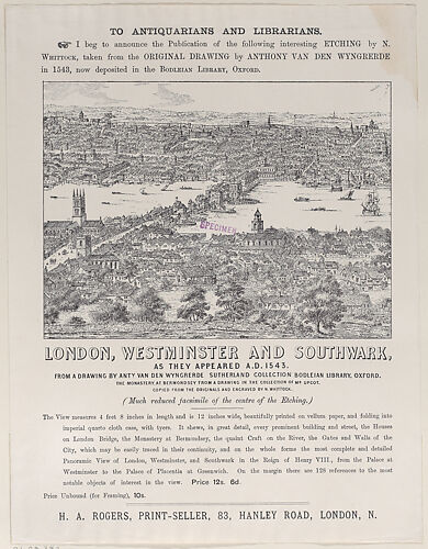 Announcement by H. A. Rogers of the publication of an etching showing London, Westminster and Southwark as they appeared A.D. 1543
