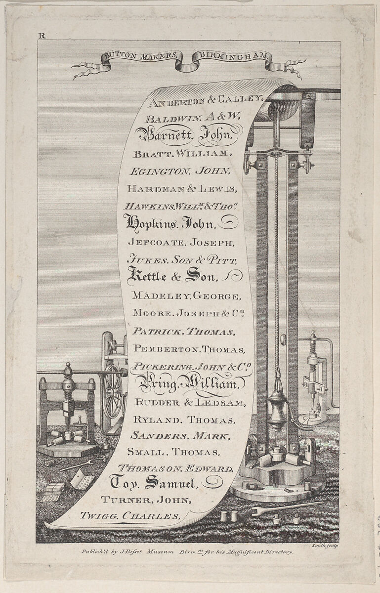 Trade Card for Button Makers, Birmingham, Anonymous, British, early 19th century, Engraving 