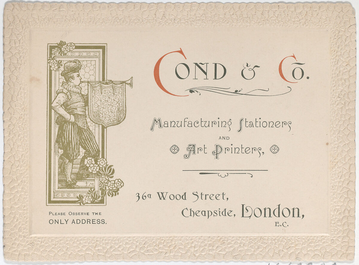 Trade Card for Cond & Co., Manufacturing Stationers and Art Printers, Anonymous, British, 19th century, Commercial Lithograph 