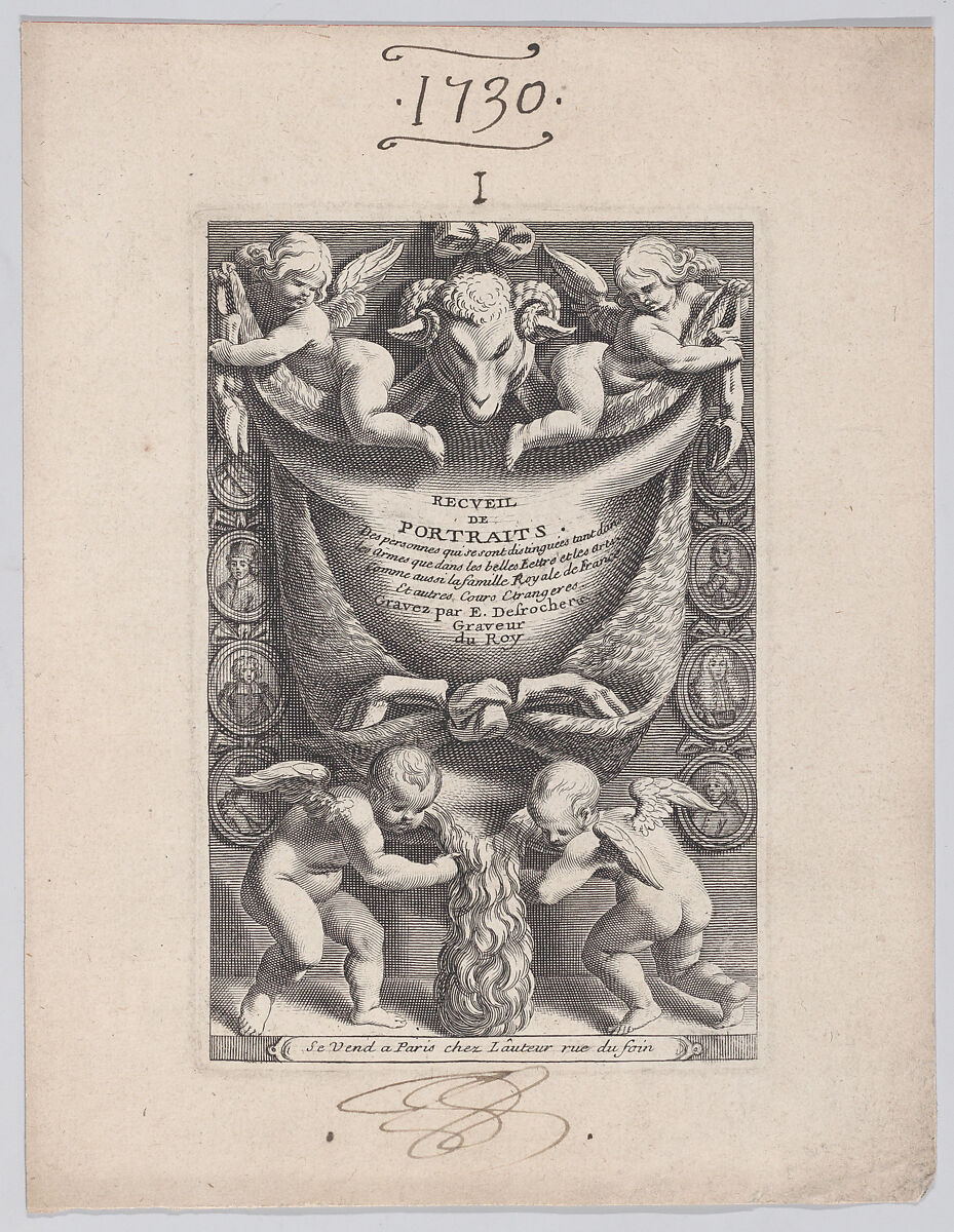 Frontispiece from "Collection of Portraits", Etienne Jehandier Desrochers (French, Lyons 1668–1741 Paris), Engraving 