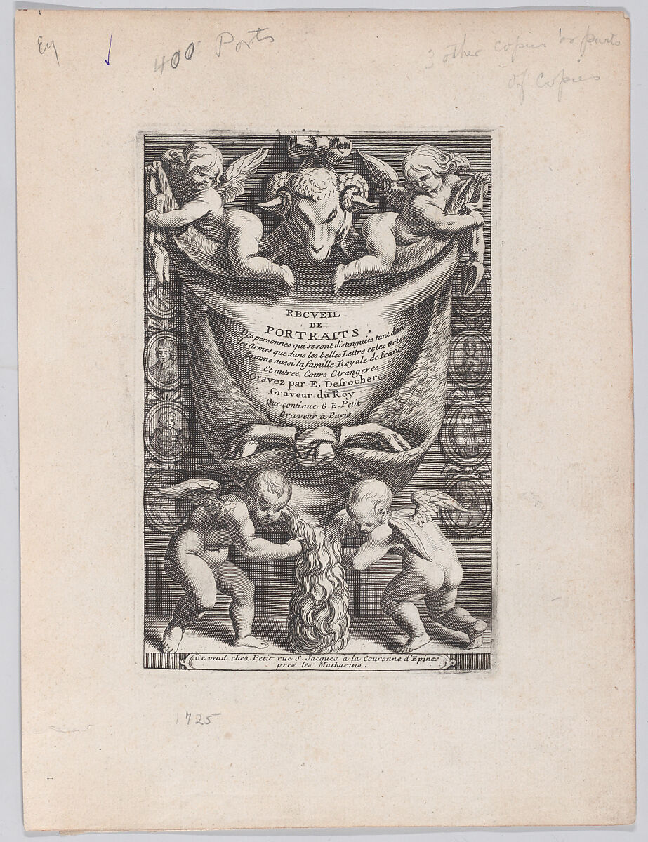 Frontispiece from "Collection of Portraits", Etienne Jehandier Desrochers (French, Lyons 1668–1741 Paris), Engraving 