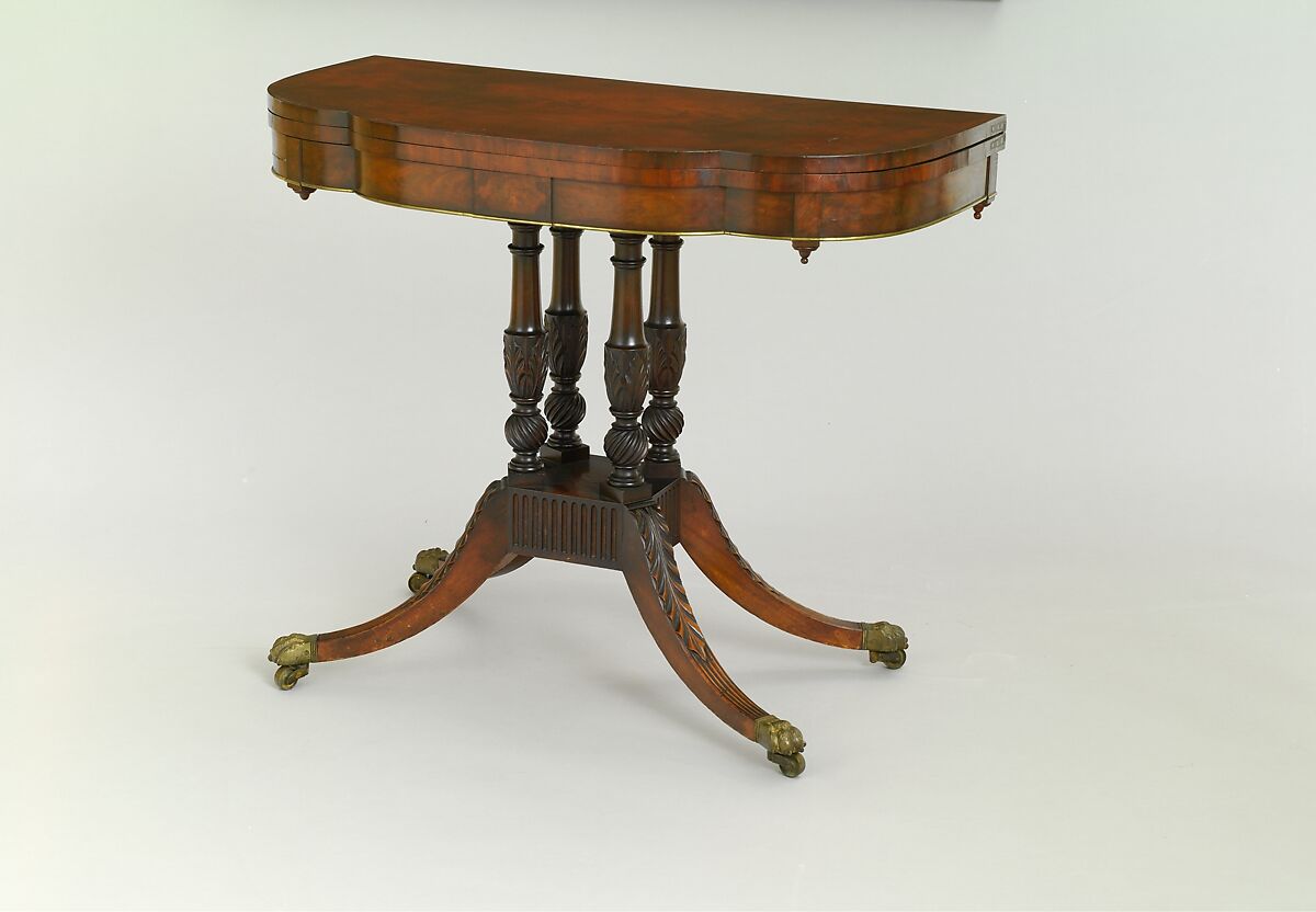 Card table, Attributed to Duncan Phyfe (American (born Scotland), near Lock Fannich, Ross-Shire, Scotland 1768/1770–1854 New York), Mahogany, mahogany veneer, white pine, yellow poplar, rosewood, brass, iron, American 