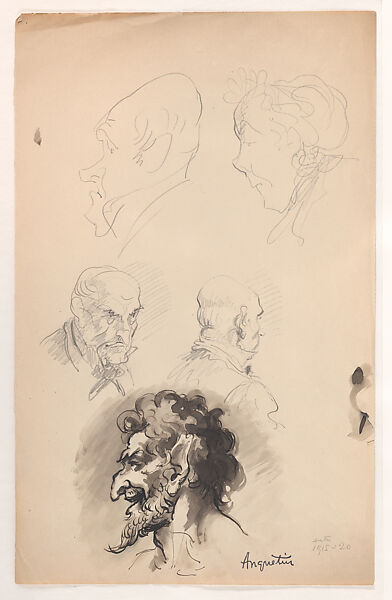 Self-portrait as a faun and four head studies, Louis Anquetin (French, Etrépagny 1861–1932 Paris), Pen and ink, brush and brown wash, and graphite 
