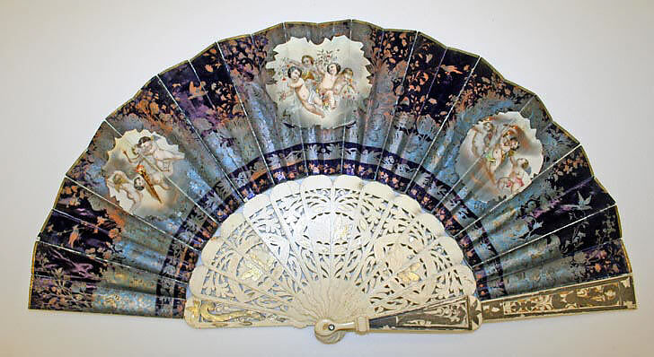 Fan, silk, ivory, sequins, metallic thread, French 