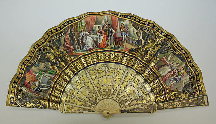 Fan, ivory, paper, metal leaf, glass, French
