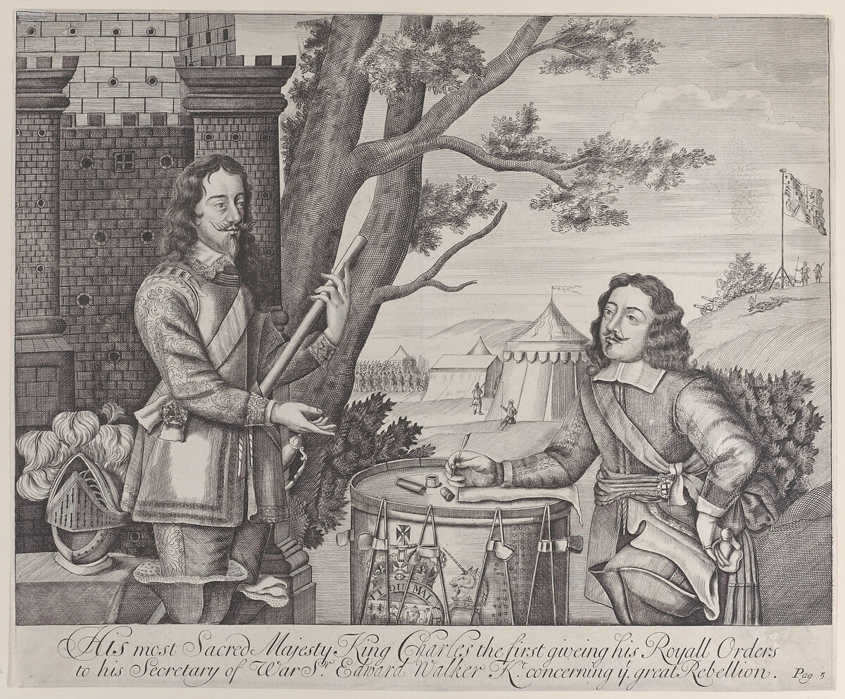 His most Sacred Majesty King Charles the first giving his Royal Orders to his Secretary of War, Sir Edward Walker, Knight, concerning the great Rebellion, Anonymous, British, 18th century, Engraving 