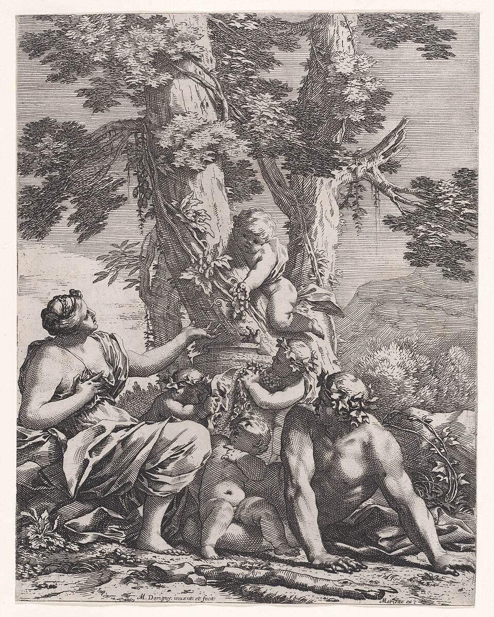 Putti and bacchantes at the bottom of a tree, Michel Dorigny (French, Saint-Quentin 1616/17–1665 Paris), Etching 