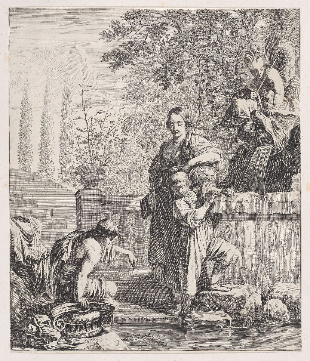 Standing Woman with a Child near a Fountain, Dancker Danckerts (Dutch, Amsterdam 1634–1666 Amsterdam), Etching 