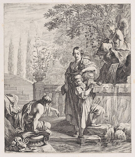 Standing Woman with a Child near a Fountain