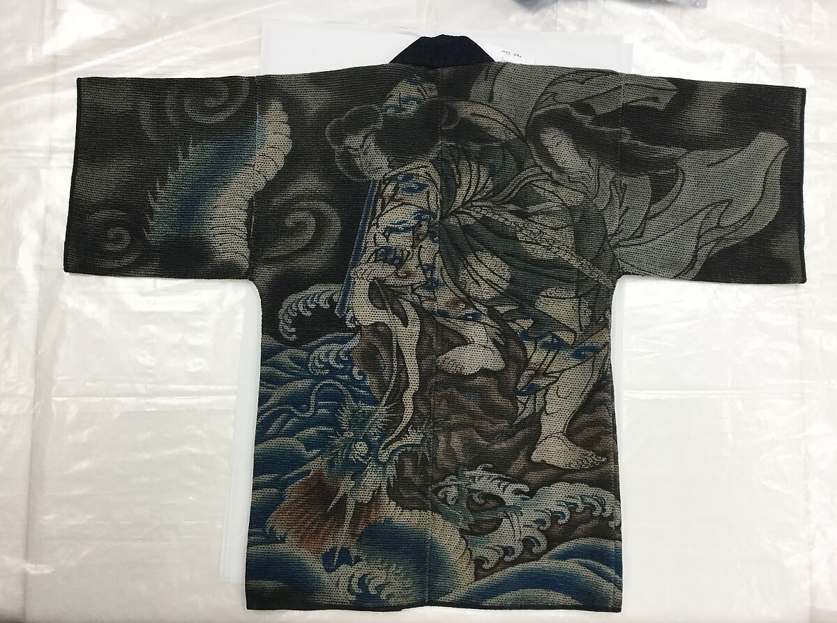 Fireman’s Jacket (Hikeshi-Banten) with Susanoo-no-mikoto Deity Scene, Quilted cotton with tube-drawn paste-resist dyeing (tsutsugaki) with hand-painted details, Japanese