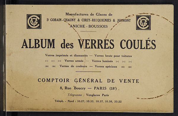 Album des verres coulés, Manufactures des glaces &amp; produits chimiques de Saint-Gobain, Chauny &amp; Cirey, Full paper cover pamphlet binding, monochrom printing