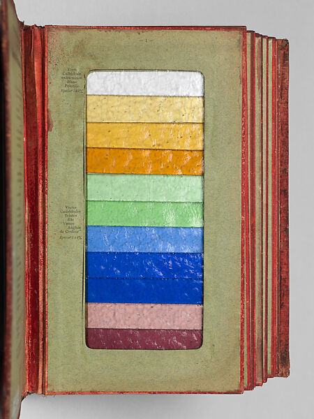 Album des principaux modeles de verres : produits spéciaux en verre coulé, Manufactures des glaces &amp; produits chimiques de Saint-Gobain, Chauny &amp; Cirey, Cloth cover binding. Twelve double boards cloth hinged with embedded glass samples