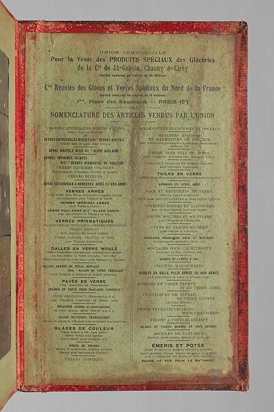 Album des principaux modeles de verres : produits spéciaux en verre coulé, Manufactures des glaces &amp; produits chimiques de Saint-Gobain, Chauny &amp; Cirey, Cloth cover binding. Twelve double boards cloth hinged with embedded glass samples