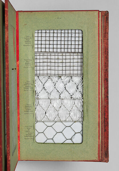 Album des principaux modeles de verres : produits spéciaux en verre coulé, Manufactures des glaces &amp; produits chimiques de Saint-Gobain, Chauny &amp; Cirey, Cloth cover binding. Twelve double boards cloth hinged with embedded glass samples