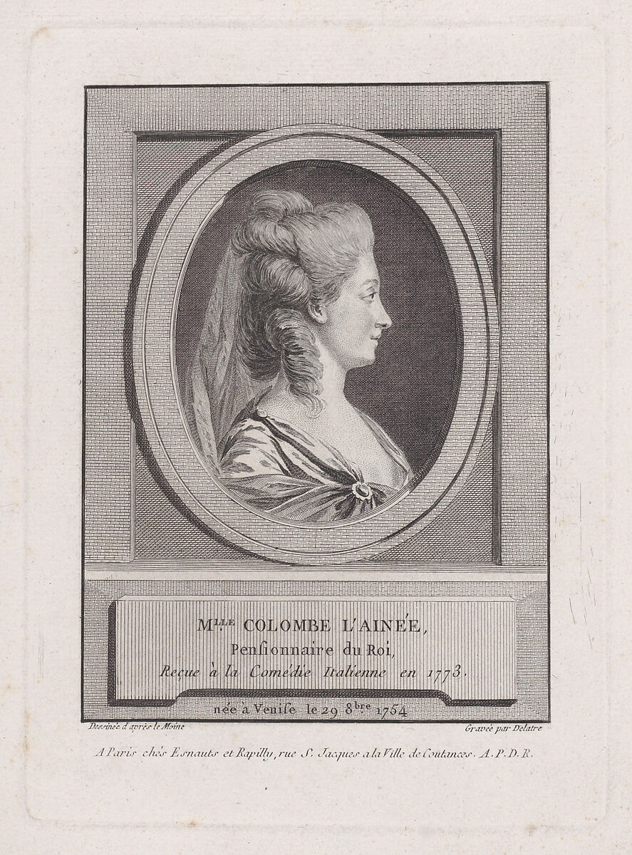 Portrait of Madamoiselle Colombe L'Ainée, Jean Marie Delattre (French, Abbeville 1745–1840 Fulham, London), Engraving 