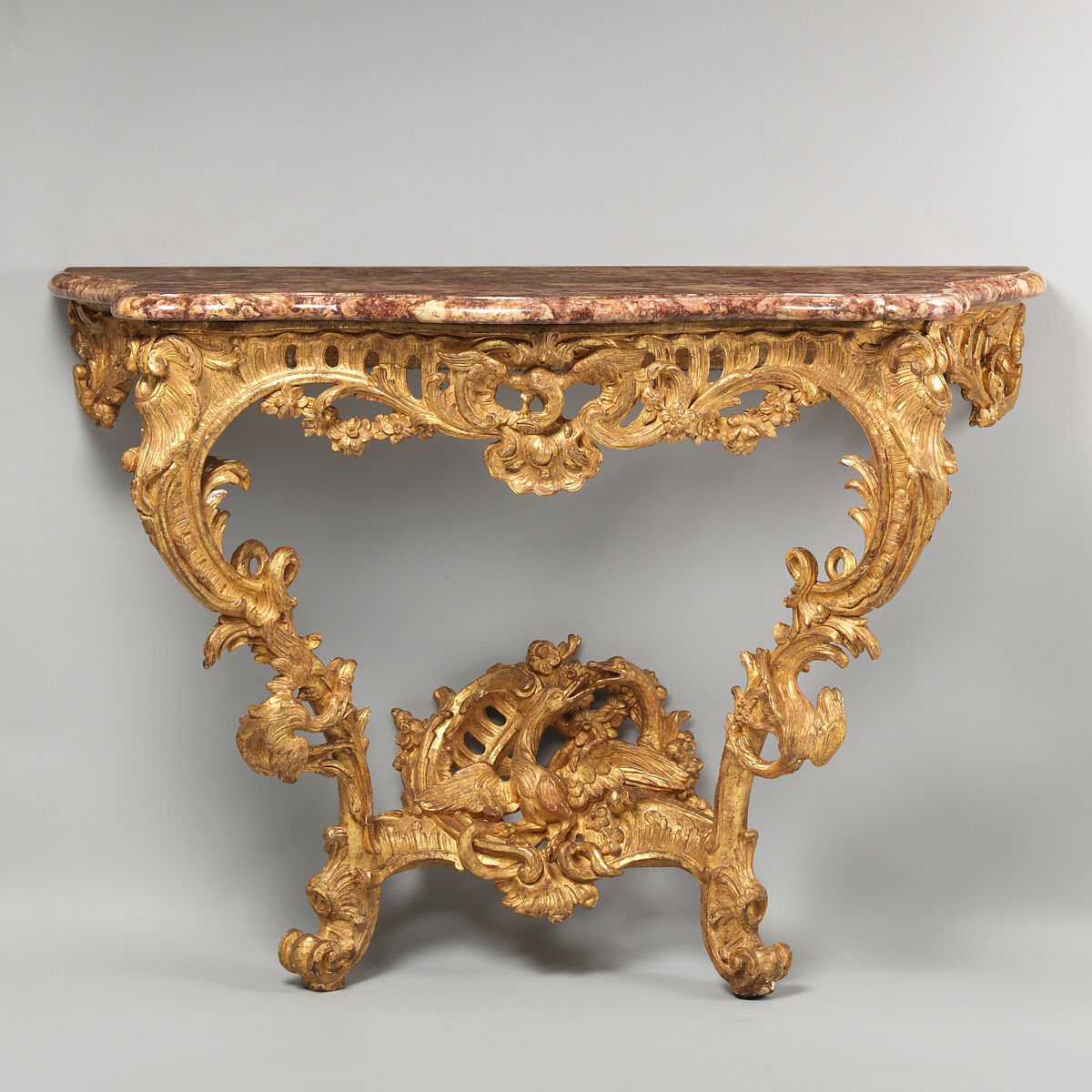 Console table (one of a pair), Pine: carved and gilded; brocatello marble, French 