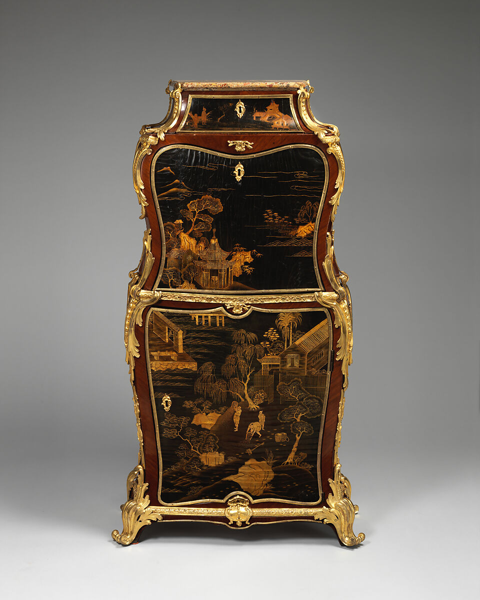 Drop-front secretaire (secrétaire à abattant), Jean-François Dubut (French, died 1778), Veneered on oak, in front with panels of black and gold lacquer, partly Chinese and partly European, and on the sides with floral marquetry in tulipwood, rosewood, satinwood, purplewood, and various other end-cut woods; mounts of gilded and chased bronze; top of breche d'Aleps marble, French 