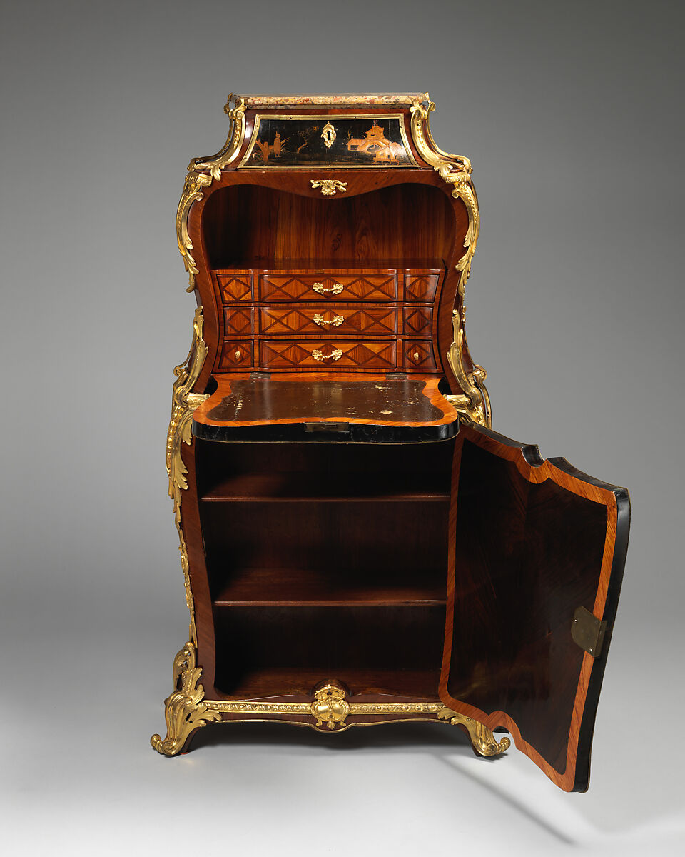 Drop-front secretaire (secrétaire à abattant), Jean-François Dubut (French, died 1778), Veneered on oak, in front with panels of black and gold lacquer, partly Chinese and partly European, and on the sides with floral marquetry in tulipwood, rosewood, satinwood, purplewood, and various other end-cut woods; mounts of gilded and chased bronze; top of breche d'Aleps marble, French