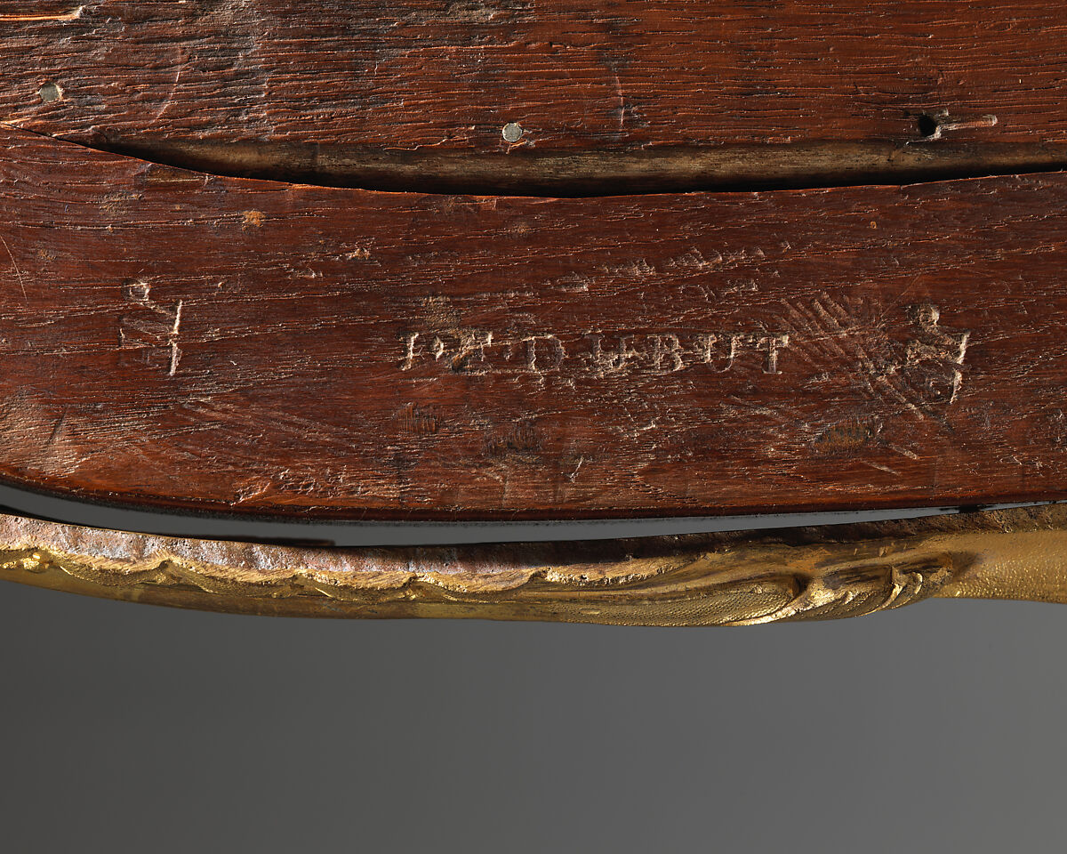 Drop-front secretaire (secrétaire à abattant), Jean-François Dubut (French, died 1778), Veneered on oak, in front with panels of black and gold lacquer, partly Chinese and partly European, and on the sides with floral marquetry in tulipwood, rosewood, satinwood, purplewood, and various other end-cut woods; mounts of gilded and chased bronze; top of breche d'Aleps marble, French