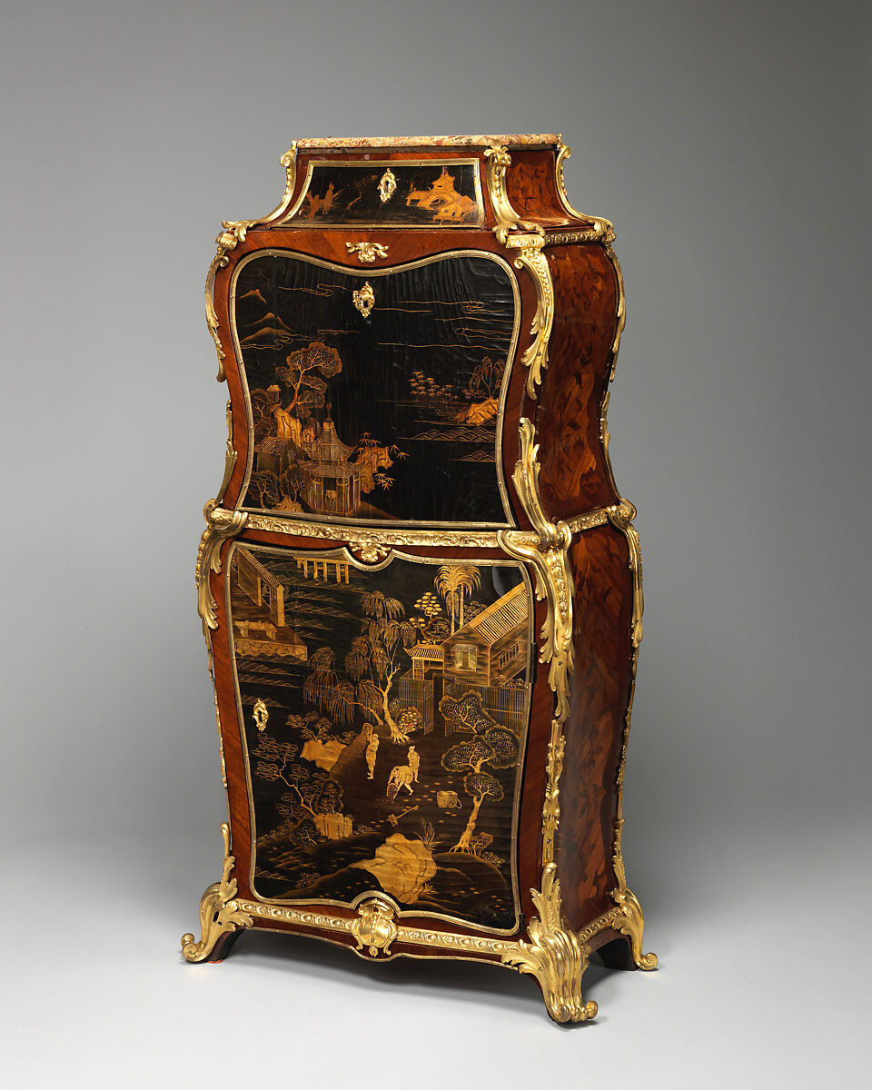 Drop-front secretaire (secrétaire à abattant), Jean-François Dubut (French, died 1778), Veneered on oak, in front with panels of black and gold lacquer, partly Chinese and partly European, and on the sides with floral marquetry in tulipwood, rosewood, satinwood, purplewood, and various other end-cut woods; mounts of gilded and chased bronze; top of breche d'Aleps marble, French