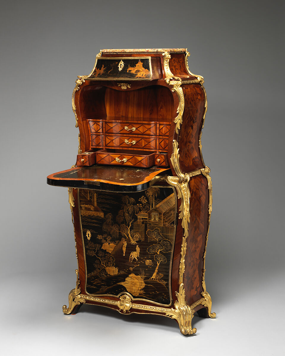 Drop-front secretaire (secrétaire à abattant), Jean-François Dubut (French, died 1778), Veneered on oak, in front with panels of black and gold lacquer, partly Chinese and partly European, and on the sides with floral marquetry in tulipwood, rosewood, satinwood, purplewood, and various other end-cut woods; mounts of gilded and chased bronze; top of breche d'Aleps marble, French