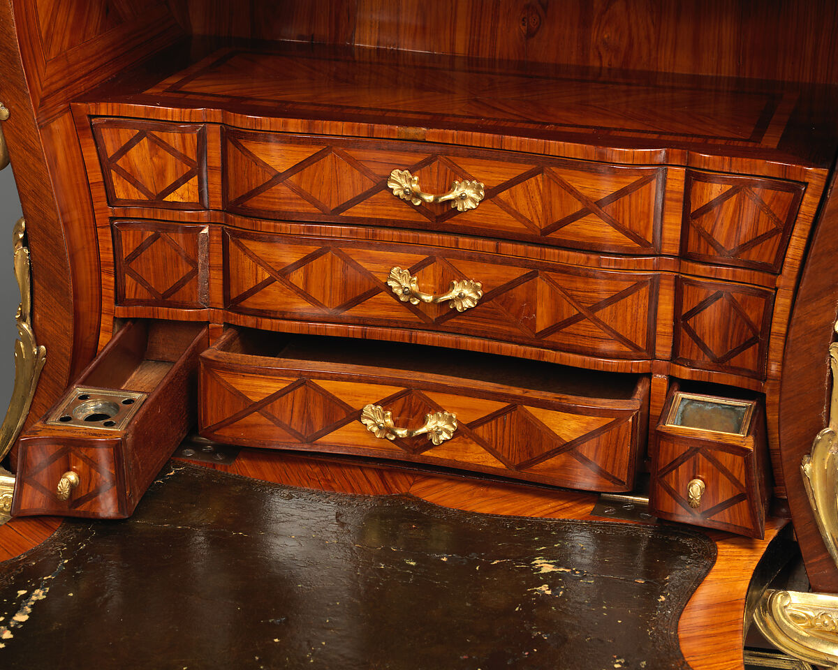 Drop-front secretaire (secrétaire à abattant), Jean-François Dubut (French, died 1778), Veneered on oak, in front with panels of black and gold lacquer, partly Chinese and partly European, and on the sides with floral marquetry in tulipwood, rosewood, satinwood, purplewood, and various other end-cut woods; mounts of gilded and chased bronze; top of breche d'Aleps marble, French