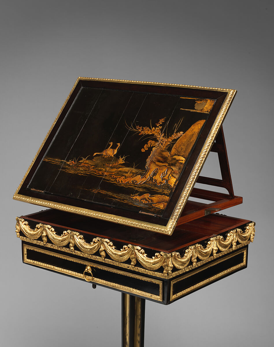 Combined work, writing, and reading table and music stand, Martin Carlin (French, near Freiburg im Breisgau ca. 1730–1785 Paris), Veneered on oak with ebony, tulipwood, and black and gold Japanese lacquer;  mounts chased and gilded bronze, French