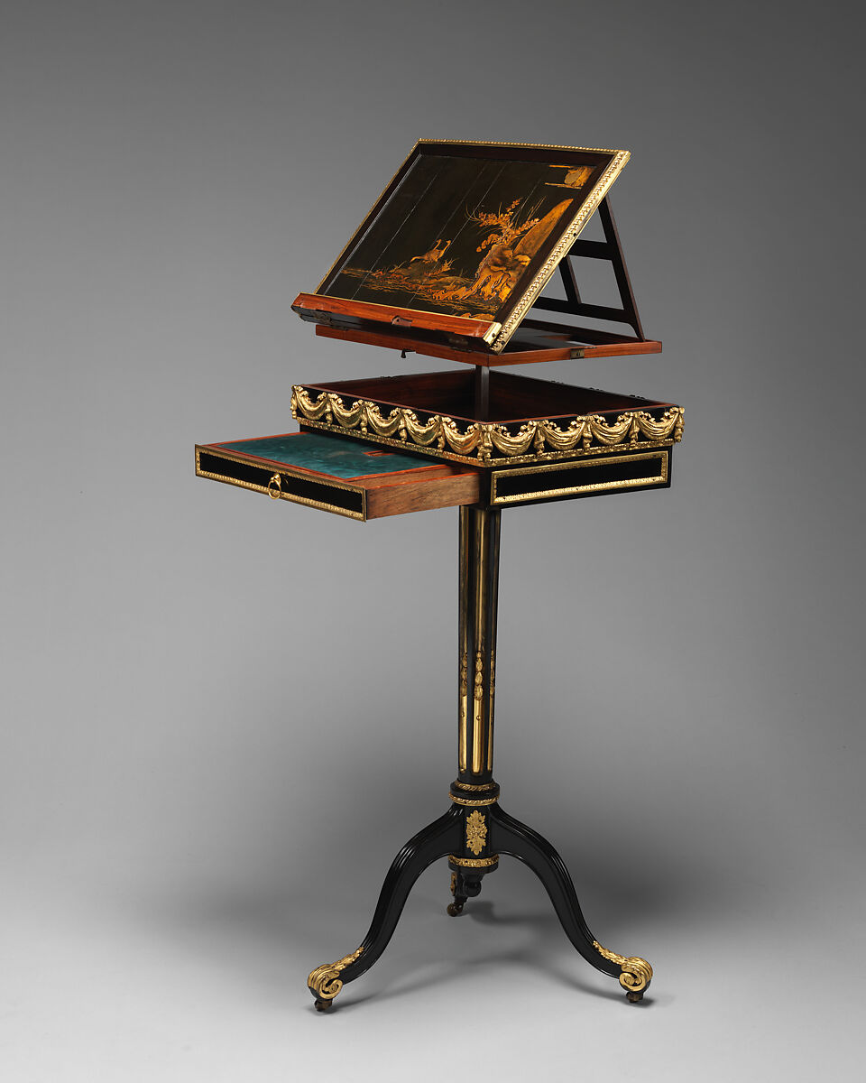 Combined work, writing, and reading table and music stand, Martin Carlin (French, near Freiburg im Breisgau ca. 1730–1785 Paris), Veneered on oak with ebony, tulipwood, and black and gold Japanese lacquer;  mounts chased and gilded bronze, French 