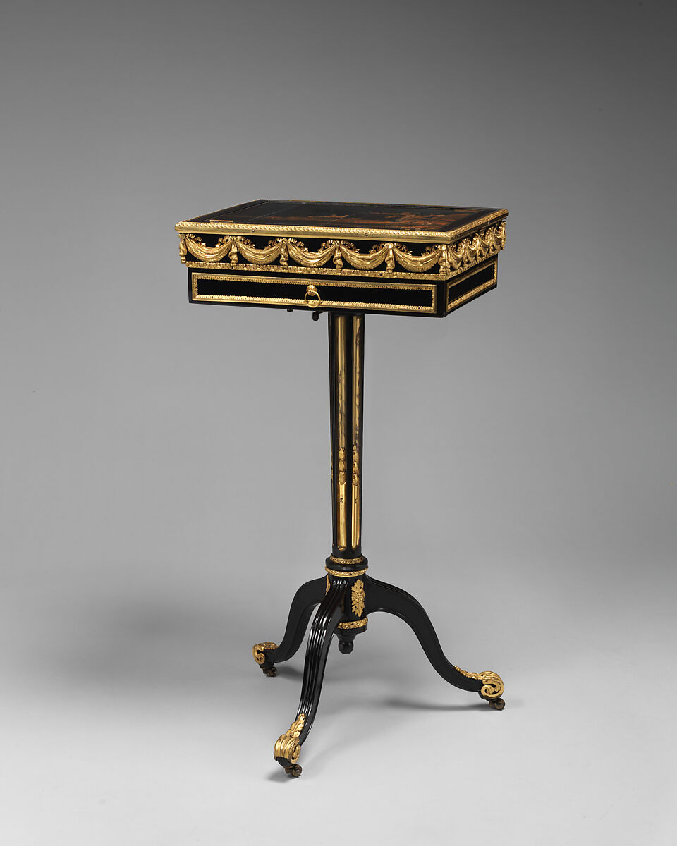 Combined work, writing, and reading table and music stand, Martin Carlin (French, near Freiburg im Breisgau ca. 1730–1785 Paris), Veneered on oak with ebony, tulipwood, and black and gold Japanese lacquer;  mounts chased and gilded bronze, French