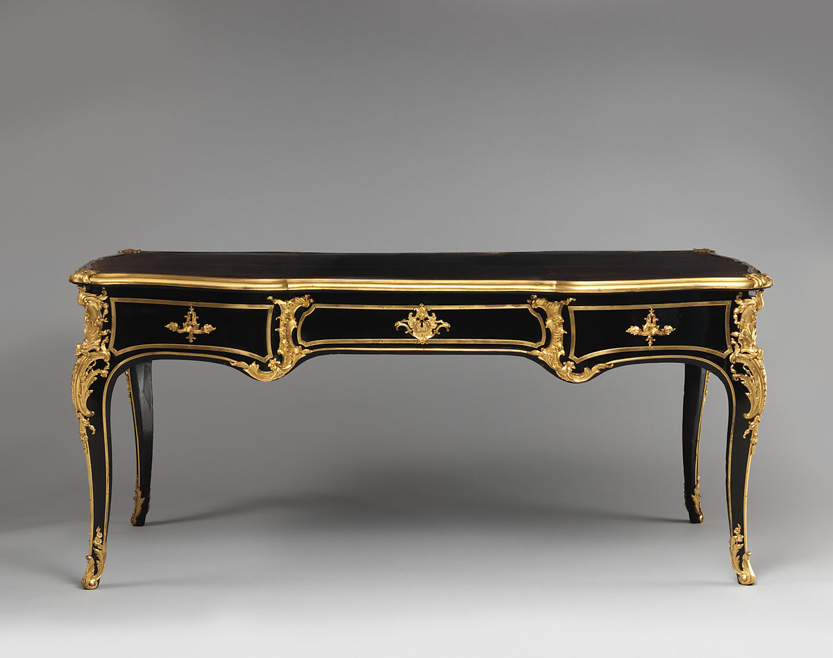 Writing table (bureau plat), Bernard II van Risenburgh (ca. 1696–ca. 1767), Veneered on oak with ebony;  mounts of chased and gilded bronze; top inlaid with later panels of black morocco and gilt-tooled leather, French 