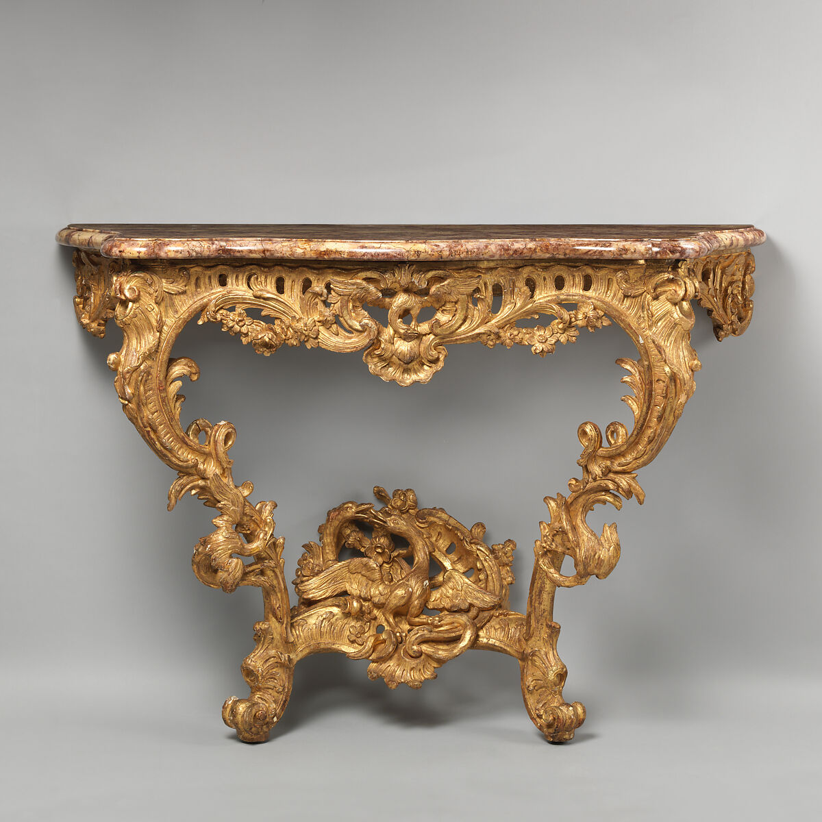Console table (one of a pair), Pine: carved and gilded; brocatello marble, French 