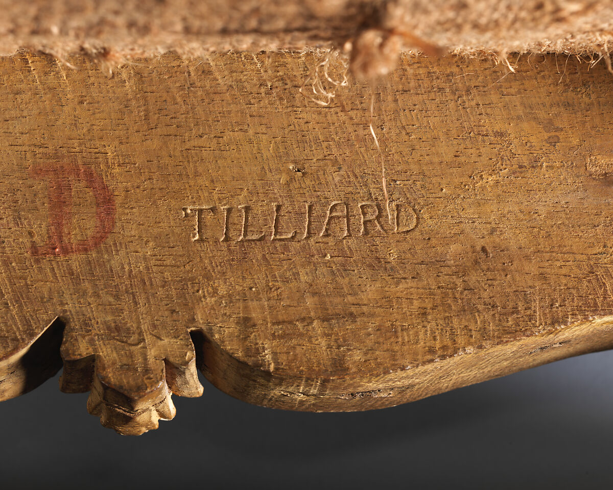 Chair (chaise à la Reine) (one of a set of four), Probably by Jean-Baptiste I Tilliard (French, 1686–1766), Beechwood unusually richly carved and gilded; previously upholstered with coral colored velvet attached with brass-headed nails, now upholstered in yellow petit point, French, Paris