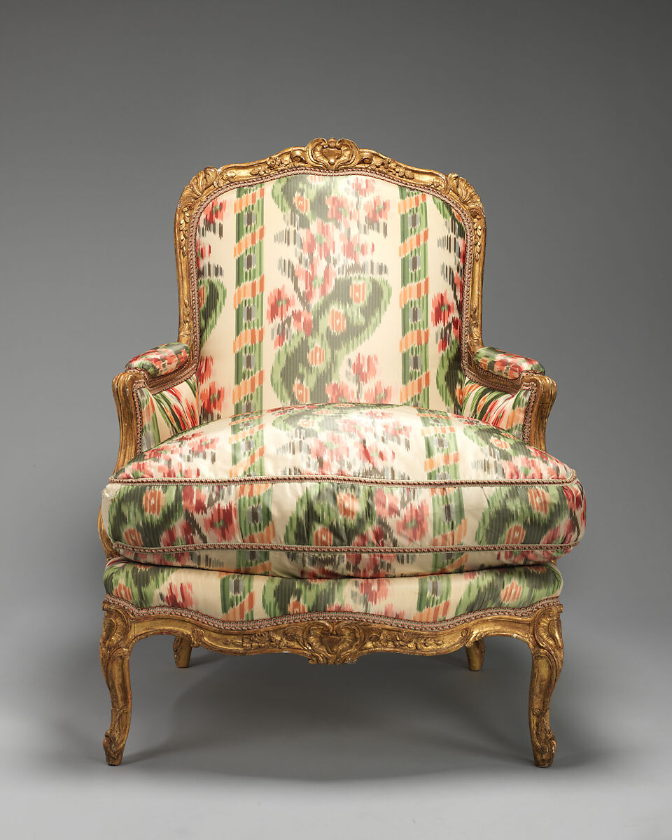 Armchair (bergère à la Reine) (one of a pair), Jean-Baptiste I Tilliard (French, 1686–1766), Frame of beechwood carved and gilded; upholstered in ikat, French