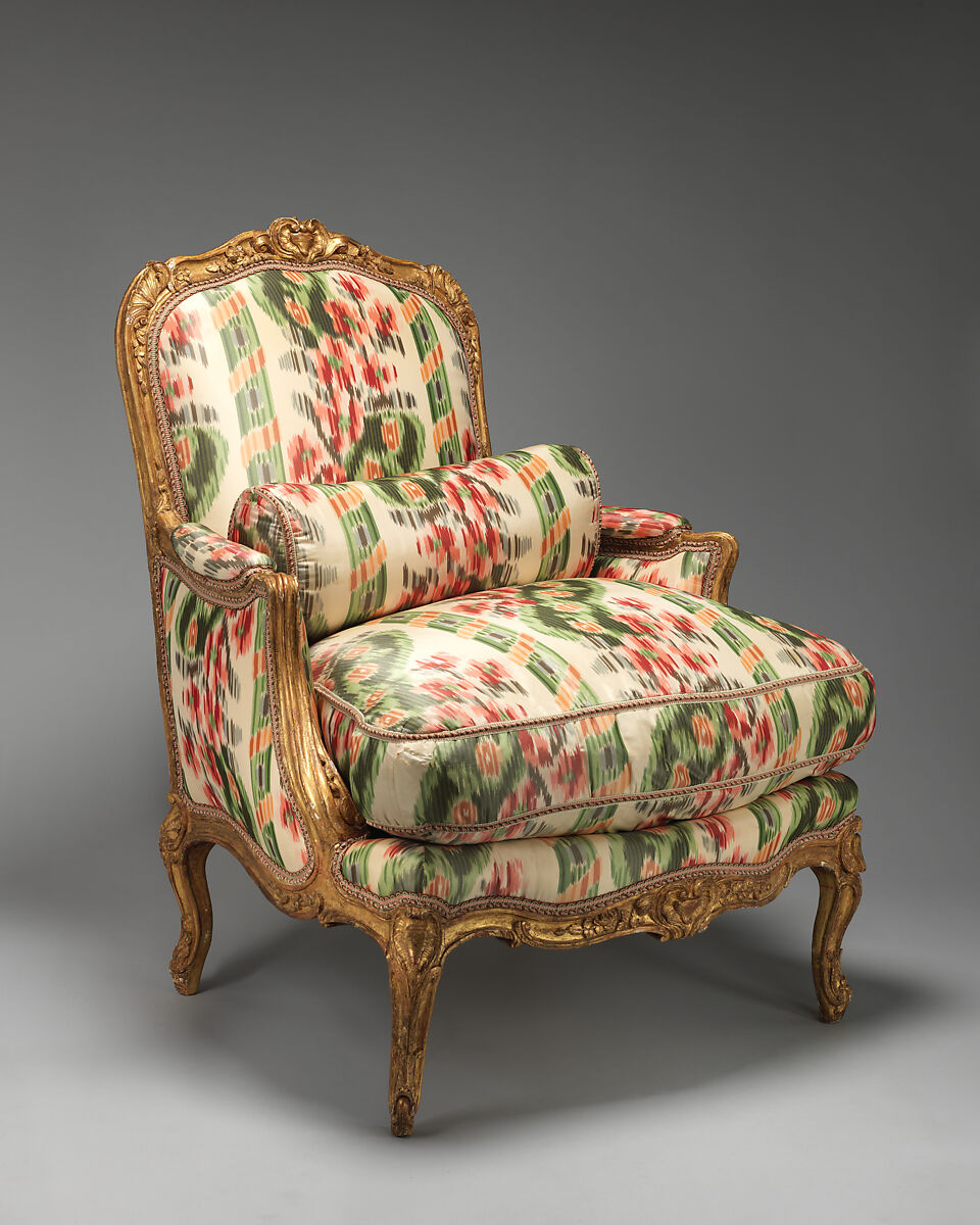 Armchair (bergère à la Reine) (one of a pair), Jean-Baptiste I Tilliard (French, 1686–1766), Frame of beechwood carved and gilded; upholstered in ikat, French 