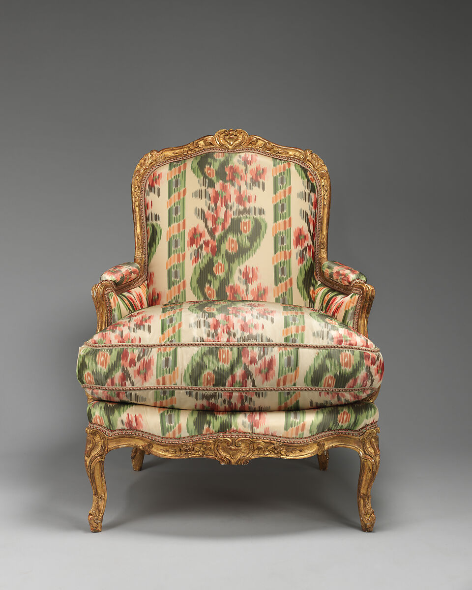 Armchair (bergère à la Reine) (one of a pair), Jean-Baptiste I Tilliard (French, 1686–1766), Frame of beechwood carved and gilded; upholstered in ikat, French