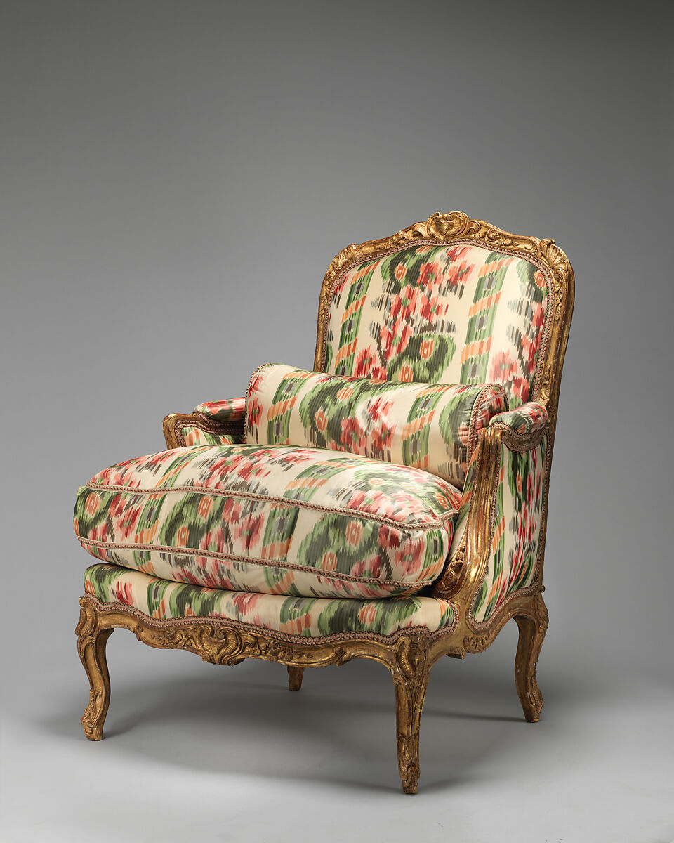 Armchair (bergère à la Reine) (one of a pair), Jean-Baptiste I Tilliard (French, 1686–1766), Frame of beechwood carved and gilded; upholstered in ikat, French 