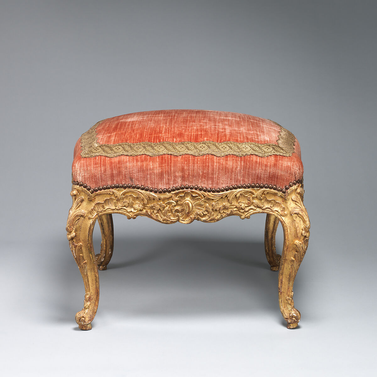 Stool (tabouret) (one of a pair), Possibly by Jean-Baptiste I Tilliard (French, 1686–1766), Beechwood frame, carved and gilded, upholstered in modern velvet., French, Paris 