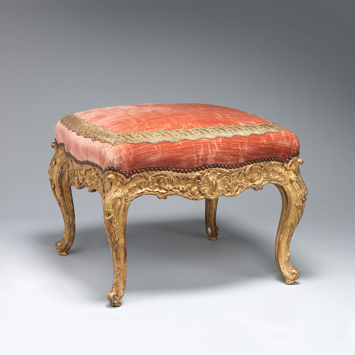 Stool (tabouret) (one of a pair), Possibly by Jean-Baptiste I Tilliard (French, 1686–1766), Beechwood frame, carved and gilded, upholstered in modern velvet, French, Paris 