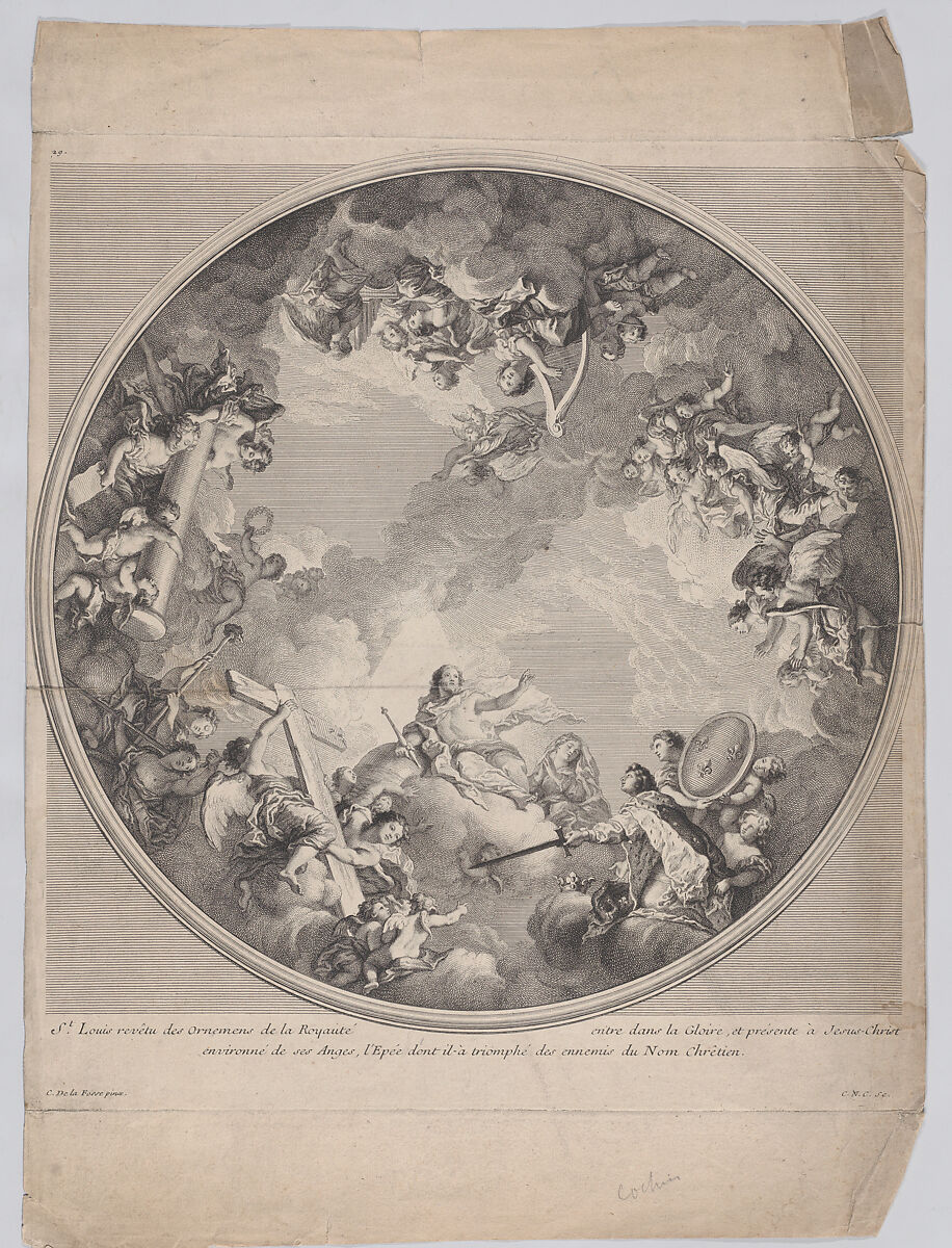 Saint Louis presenting his sword to Christ, after a ceiling design, Charles Nicolas Cochin II (French, Paris 1715–1790 Paris), Etching and engraving 