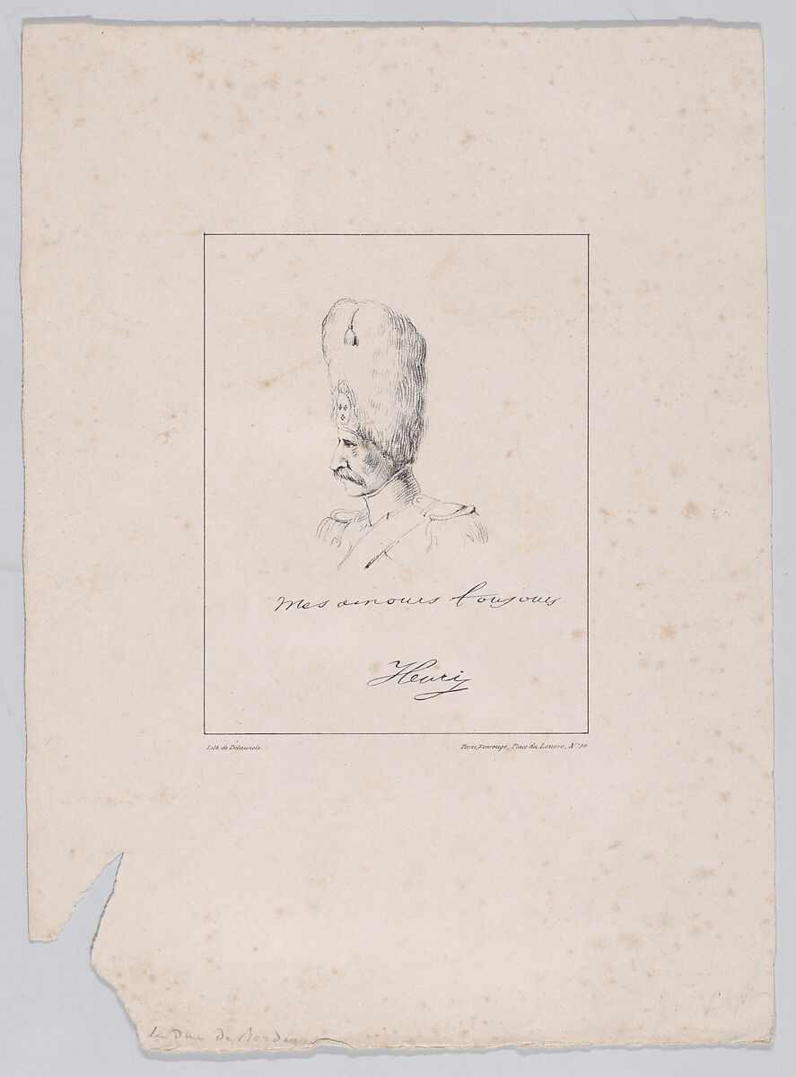 Profile bust of an officer in a bear fur hat, Delaunois (French, active Paris, 1830–40), Lithograph 