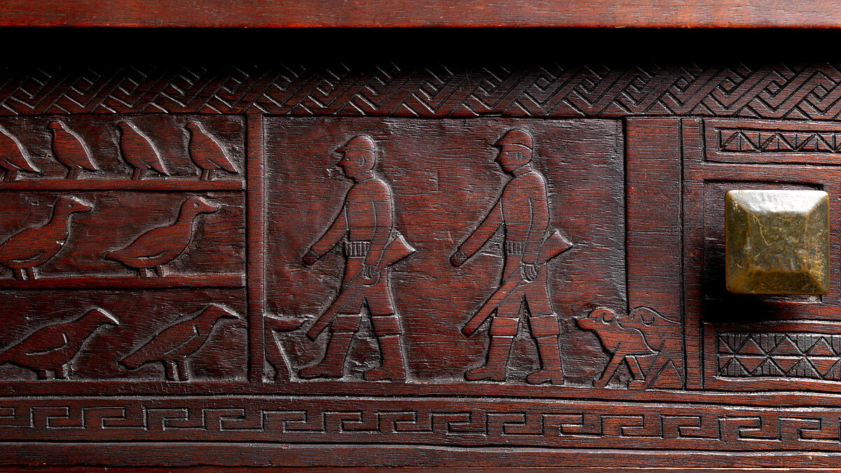 Carved chest, Robert Laurent (American (born France), Concarneau 1890–1970 Cape Neddick, Maine), Black walnut, tulip poplar, plywood, and brass, American