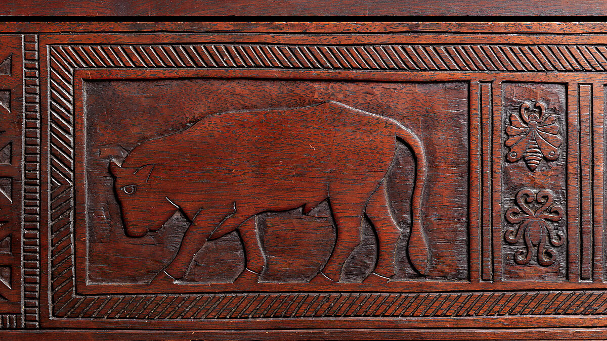 Carved chest, Robert Laurent (American (born France), Concarneau 1890–1970 Cape Neddick, Maine), Black walnut, tulip poplar, plywood, and brass, American