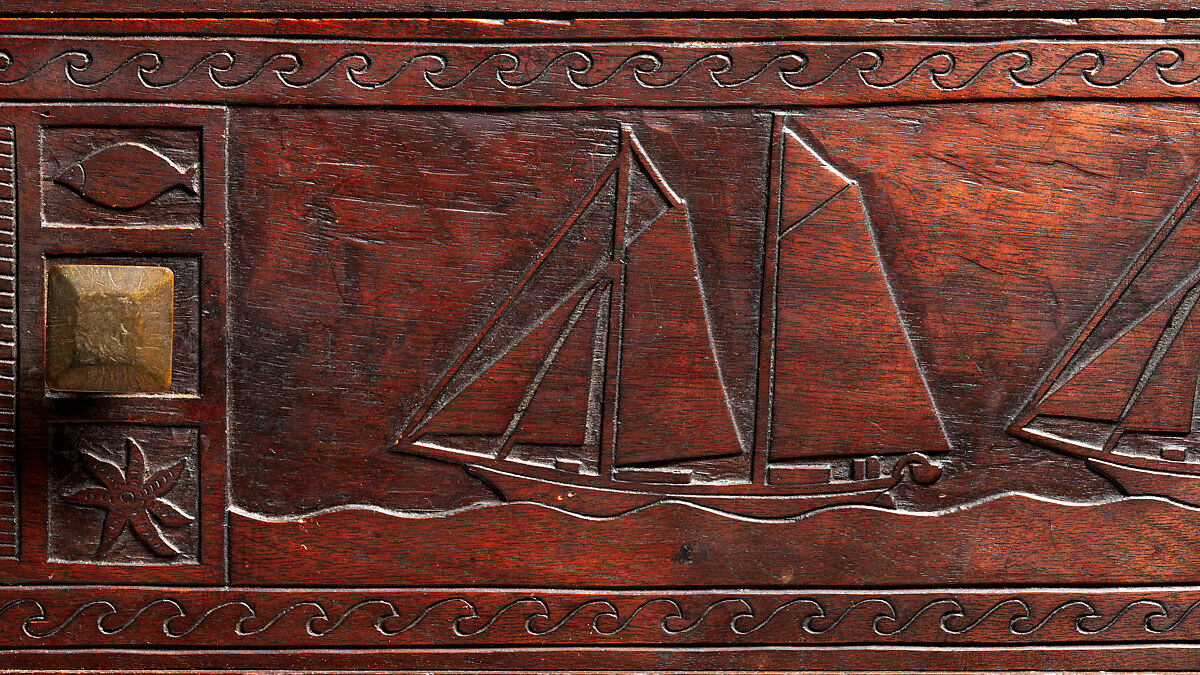 Carved chest, Robert Laurent (American (born France), Concarneau 1890–1970 Cape Neddick, Maine), Black walnut, tulip poplar, plywood, and brass, American