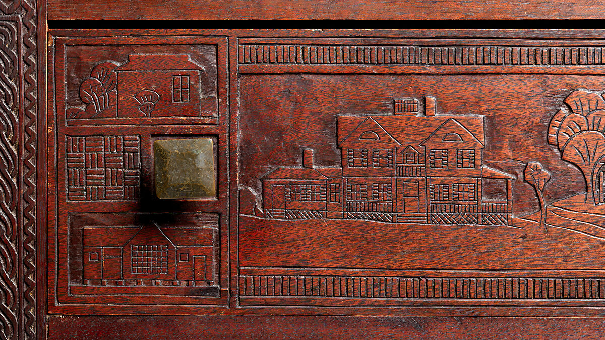Carved chest, Robert Laurent (American (born France), Concarneau 1890–1970 Cape Neddick, Maine), Black walnut, tulip poplar, plywood, and brass, American