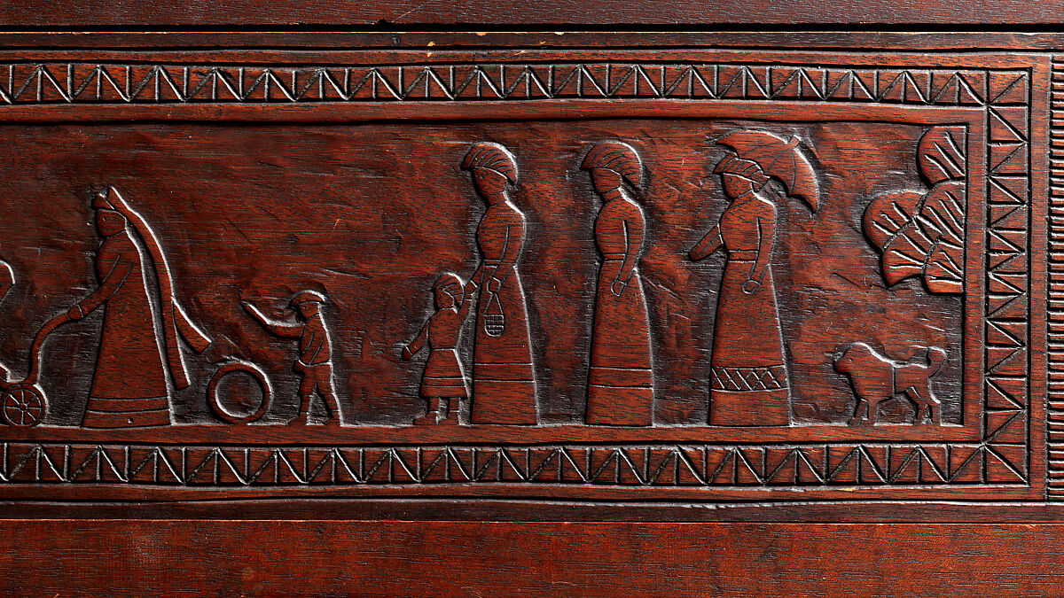 Carved chest, Robert Laurent (American (born France), Concarneau 1890–1970 Cape Neddick, Maine), Black walnut, tulip poplar, plywood, and brass, American