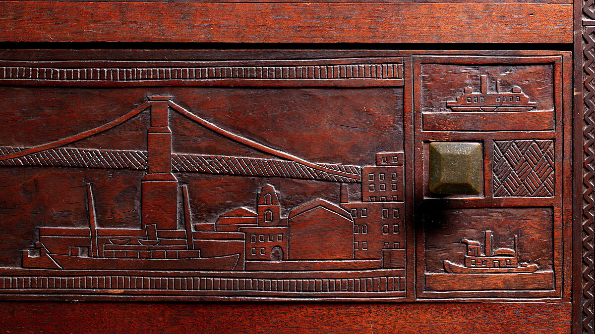 Carved chest, Robert Laurent (American (born France), Concarneau 1890–1970 Cape Neddick, Maine), Black walnut, tulip poplar, plywood, and brass, American