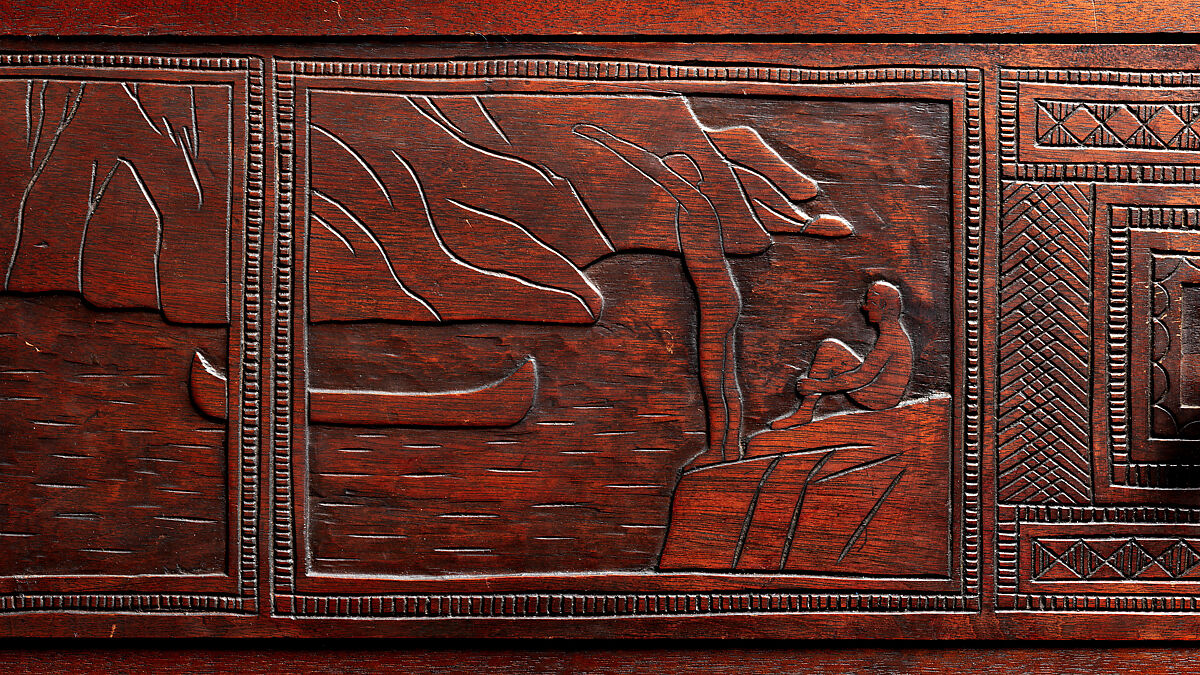 Carved chest, Robert Laurent (American (born France), Concarneau 1890–1970 Cape Neddick, Maine), Black walnut, tulip poplar, plywood, and brass, American