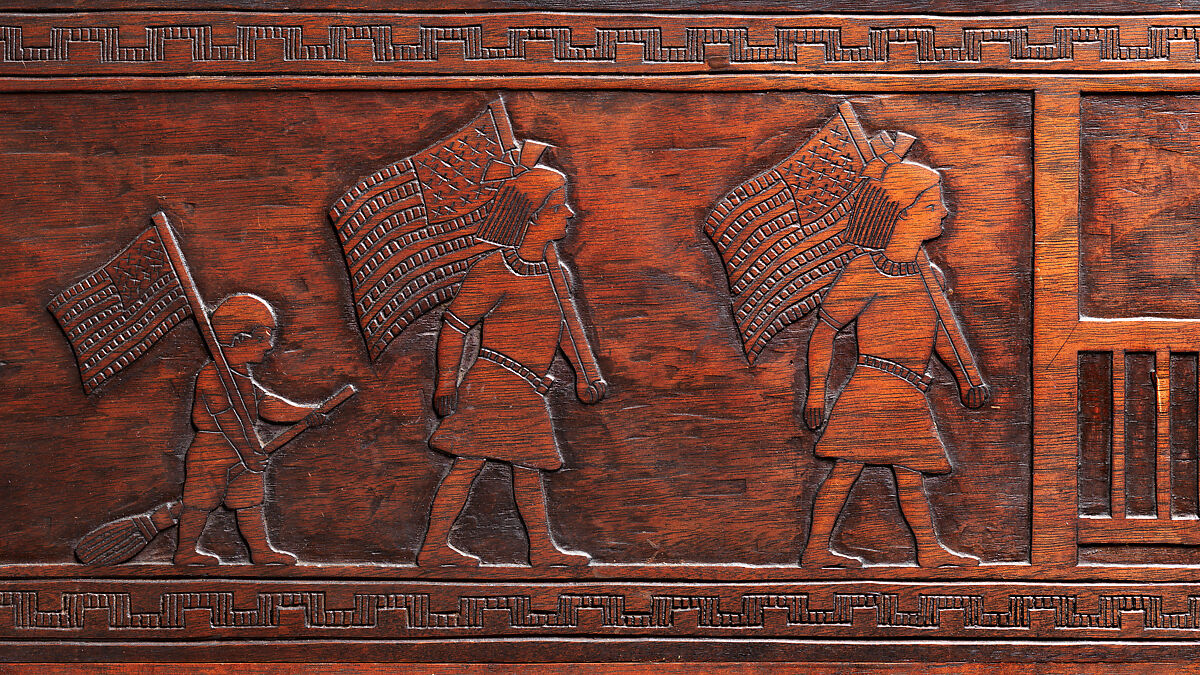 Carved chest, Robert Laurent (American (born France), Concarneau 1890–1970 Cape Neddick, Maine), Black walnut, tulip poplar, plywood, and brass, American