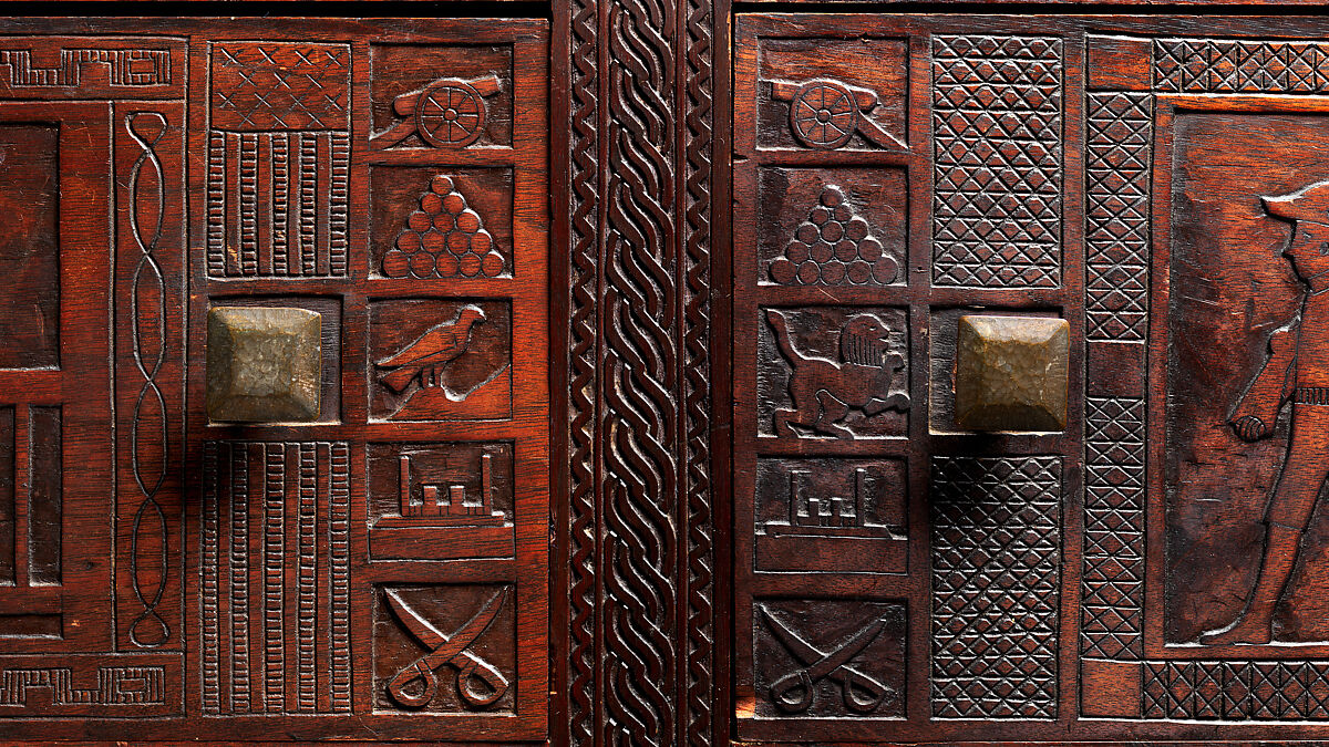 Carved chest, Robert Laurent (American (born France), Concarneau 1890–1970 Cape Neddick, Maine), Black walnut, tulip poplar, plywood, and brass, American